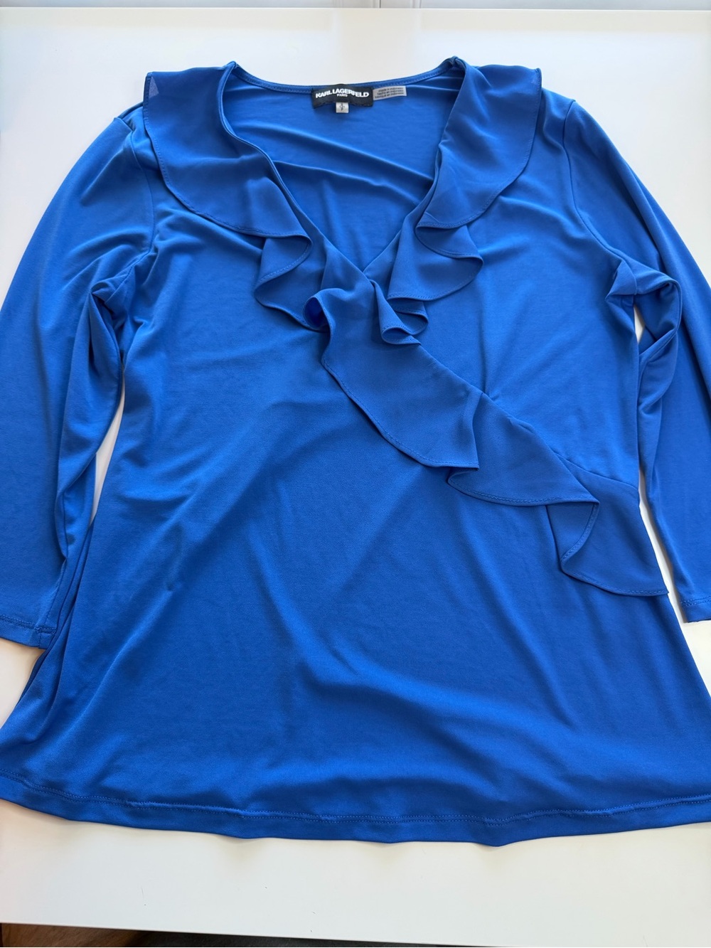 Karl Lagerfeld Cobalt Blue Ruffle V-Neck Long Sleeve Blouse